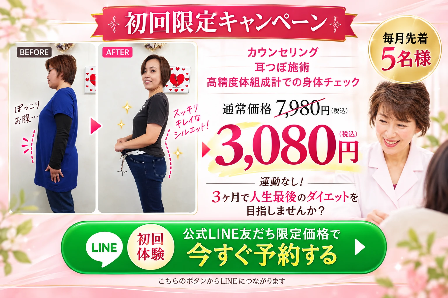 初回限定キャンペーン カウンセリング・耳つぼ・高精度体組成計での身体チェック 通常価格7,980円 毎月先着5名様3,080円（税込）
